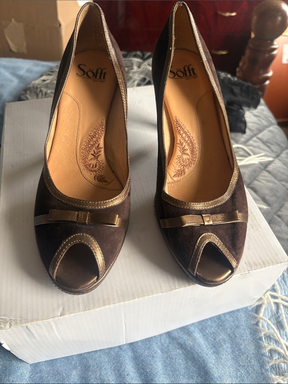 Sofft Brown Suede Peep-Toe Pumps with Metallic Trim 3 inch heel